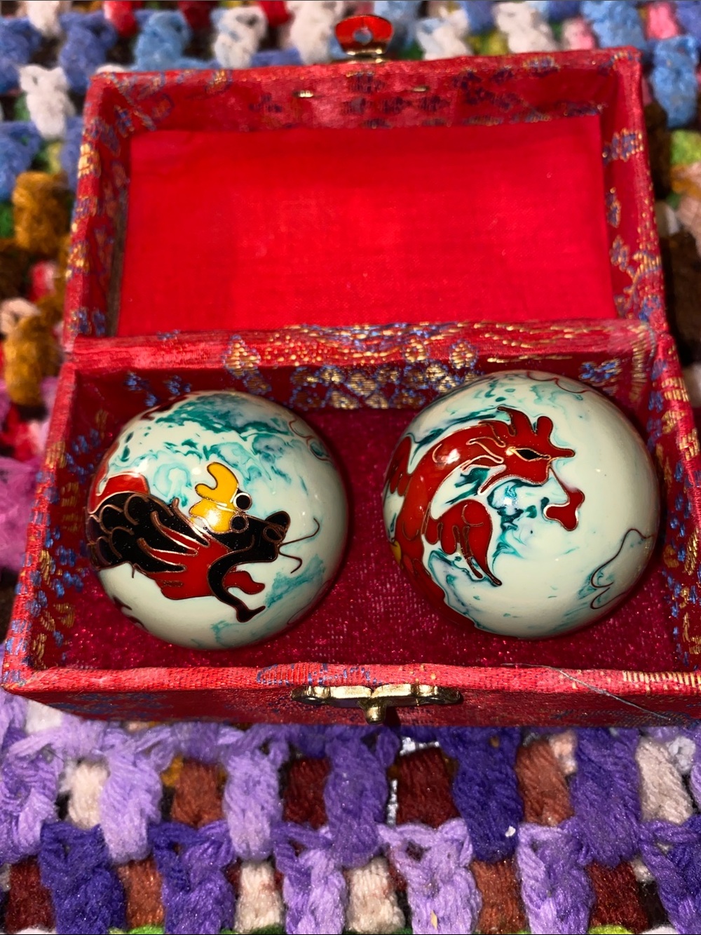 Chinese Health Ball Hand-Painted Red and Teal Baoding Balls in Decorative Box